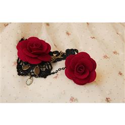 Victorian Gothic Black Lace Wristband Red Rose Embellishment Bracelet with Ring J17902