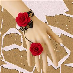 Victorian Gothic Black Lace Wristband Red Rose Embellishment Bracelet with Ring J17902