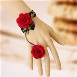 Victorian Gothic Black Lace Wristband Red Rose Embellishment Bracelet with Ring J17902