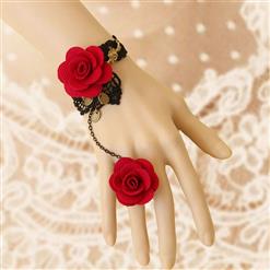 Victorian Gothic Black Lace Wristband Red Rose Embellishment Bracelet with Ring J17902