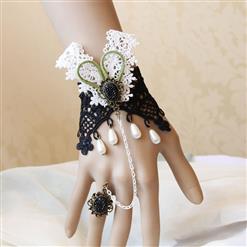 Retro Gothic Black Lace Wristband Gem Embellishment Bracelet with Ring J17906
