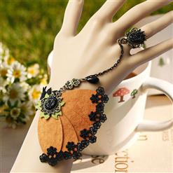 Victorian Style Black Lace Wristband Fancy floral Embellishment Bracelet with Ring J17907