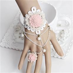 Victorian Vintage Style Bracelet, Vintage Bracelet for Women, Vintage Style Beige Embroidery Bracelet, Cheap Wristband, Victorian Style Metal Bracelet, Fashion Bride Bracelet with Ring, #J17917