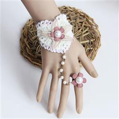 Victorian Vintage Style Bracelet, Vintage Bracelet for Women, Vintage Style Beige Embroidery Bracelet, Cheap Wristband, Victorian Style Pearl Bracelet, Fashion Embroidery Bracelet with Ring, #J17921