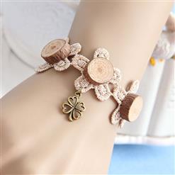 Vintage Flower Wristband Round Wood Embellishment Bracelet  J17927