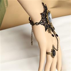 Victorian Gothic Black Lace Wristband Bronze Metal Snowflake Embellishment Bracelet with Ring J17929