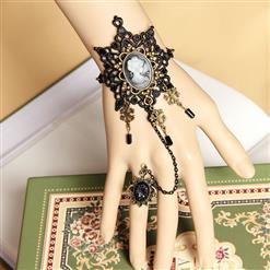 Victorian Gothic Black Lace Wristband Bronze Metal Snowflake Embellishment Bracelet with Ring J17929