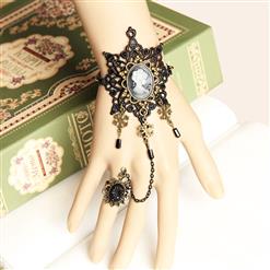 Victorian Gothic Black Lace Wristband Bronze Metal Snowflake Embellishment Bracelet with Ring J17929