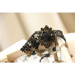 Victorian Gothic Black Lace Wristband Rose Embellishment Bracelet with Ring J17989