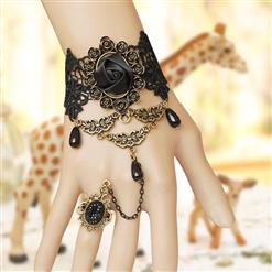 Victorian Gothic Black Lace Wristband Rose Embellishment Bracelet with Ring J17989