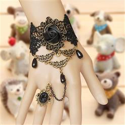 Victorian Gothic Black Lace Wristband Rose Embellishment Bracelet with Ring J17989