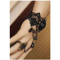 Victorian Gothic Black Lace Wristband Rose Embellishment Bracelet with Ring J17989
