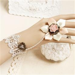 Vintage Wristband Pink Resin Flower Embellished Bracelet with Ring J18050