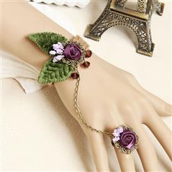 Retro Wristband Purple Rose Embellished Bracelet with Ring J18051