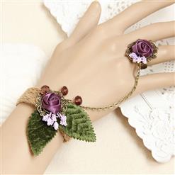 Retro Wristband Purple Rose Embellished Bracelet with Ring J18051