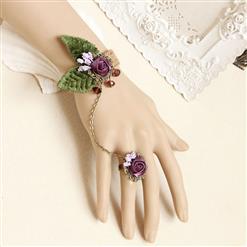 Retro Wristband Purple Rose Embellished Bracelet with Ring J18051