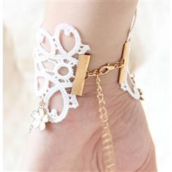 Retro White Lace Wristband Gem Embellished Bracelet with Ring J18060