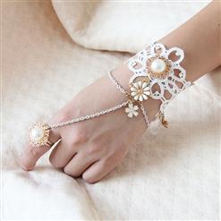 Retro White Lace Wristband Gem Embellished Bracelet with Ring J18060