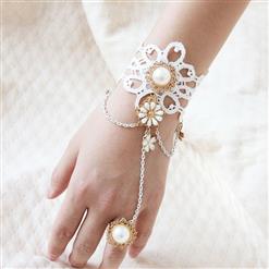 Retro White Lace Wristband Gem Embellished Bracelet with Ring J18060