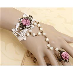 Victorian Style White Lace Wristband Rose Embellished Bracelet with Ring J18061
