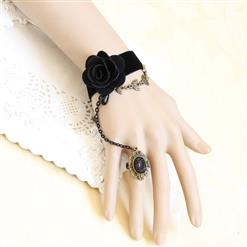 Gothic Black Wristband Rose Embellished Bracelet with Ring J18062