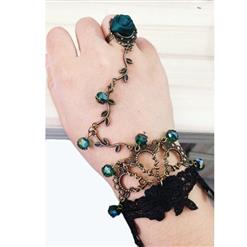 Gothic Black Floral Lace Wristband Beads Embellished Bracelet with Ring J18079