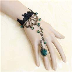 Gothic Black Floral Lace Wristband Beads Embellished Bracelet with Ring J18079