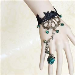 Gothic Black Floral Lace Wristband Beads Embellished Bracelet with Ring J18079