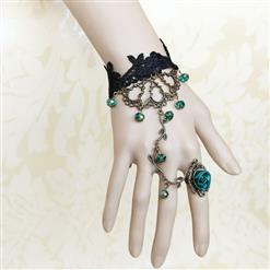 Gothic Black Floral Lace Wristband Beads Embellished Bracelet with Ring J18079