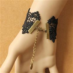 Gothic Black Floral Lace Wristband Black Heart Gem Bracelet with Ring J18081