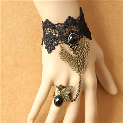 Gothic Black Floral Lace Wristband Black Heart Gem Bracelet with Ring J18081