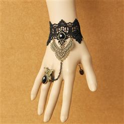 Gothic Black Floral Lace Wristband Black Heart Gem Bracelet with Ring J18081