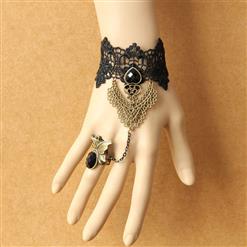 Gothic Black Floral Lace Wristband Black Heart Gem Bracelet with Ring J18081