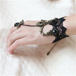 Gothic Black Floral Lace Wristband Black Heart Gem Bracelet with Ring J18082