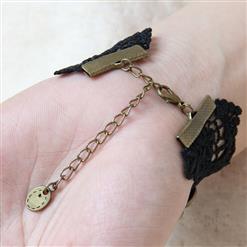 Gothic Black Floral Lace Wristband Black Heart Gem Bracelet with Ring J18082