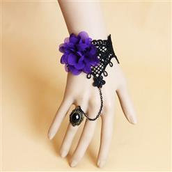 Victorian Gothic Black Floral Lace Wristband Purple Flower Bracelet with Ring J18095