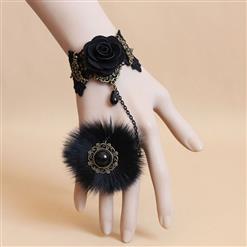 Gothic Black Floral Lace Wristband Rose Bracelet with Furry Ring J18096
