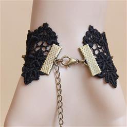 Gothic Black Floral Lace Wristband Rose Bracelet with Furry Ring J18096