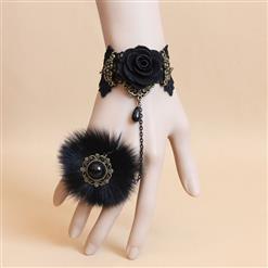 Gothic Black Floral Lace Wristband Rose Bracelet with Furry Ring J18096