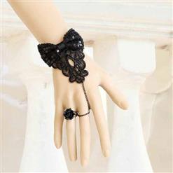 Gothic Black Wristband Sequin Bowknot Embellished Bracelet with Ring J18099