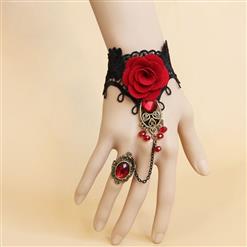 Goehic Black Lace Wristband Red Rose Gem Embellished Bracelet with Ring J18109