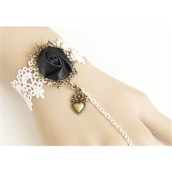 Goehic White Lace Wristband Black Rose Embellished Bracelet with Ring J18112