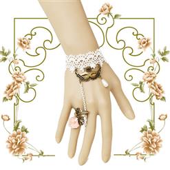 Vintage Lace Bracelet, Gothic Rose Bracelet, Cheap Wristband, Gothic White Lace Bracelet, Victorian Floral Lace Bracelet, Retro White Floral Lace Wristband, Bracelet with Ring, #J18113