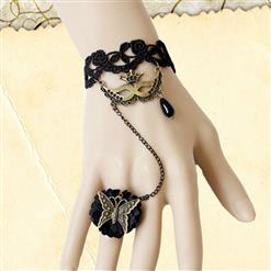 Gothic Black Floral Lace Wristband Masker Charms Bracelet with Butterfly Ring J18115