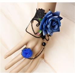 Victorian Gothic Black Floral Lace Wristband Royalblue Rose Bracelet with Ring J18118