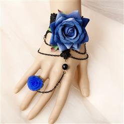 Victorian Gothic Black Floral Lace Wristband Royalblue Rose Bracelet with Ring J18118