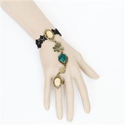 Vintage Black Lace Wristband Peacock Green Rose Embellished Bracelet with Ring J18119