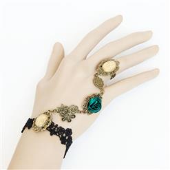 Vintage Black Lace Wristband Peacock Green Rose Embellished Bracelet with Ring J18119