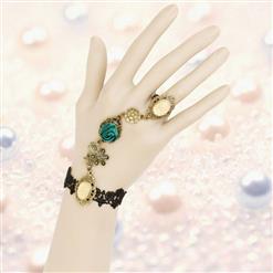 Vintage Black Lace Wristband Peacock Green Rose Embellished Bracelet with Ring J18119