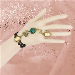 Vintage Black Lace Wristband Peacock Green Rose Embellished Bracelet with Ring J18119